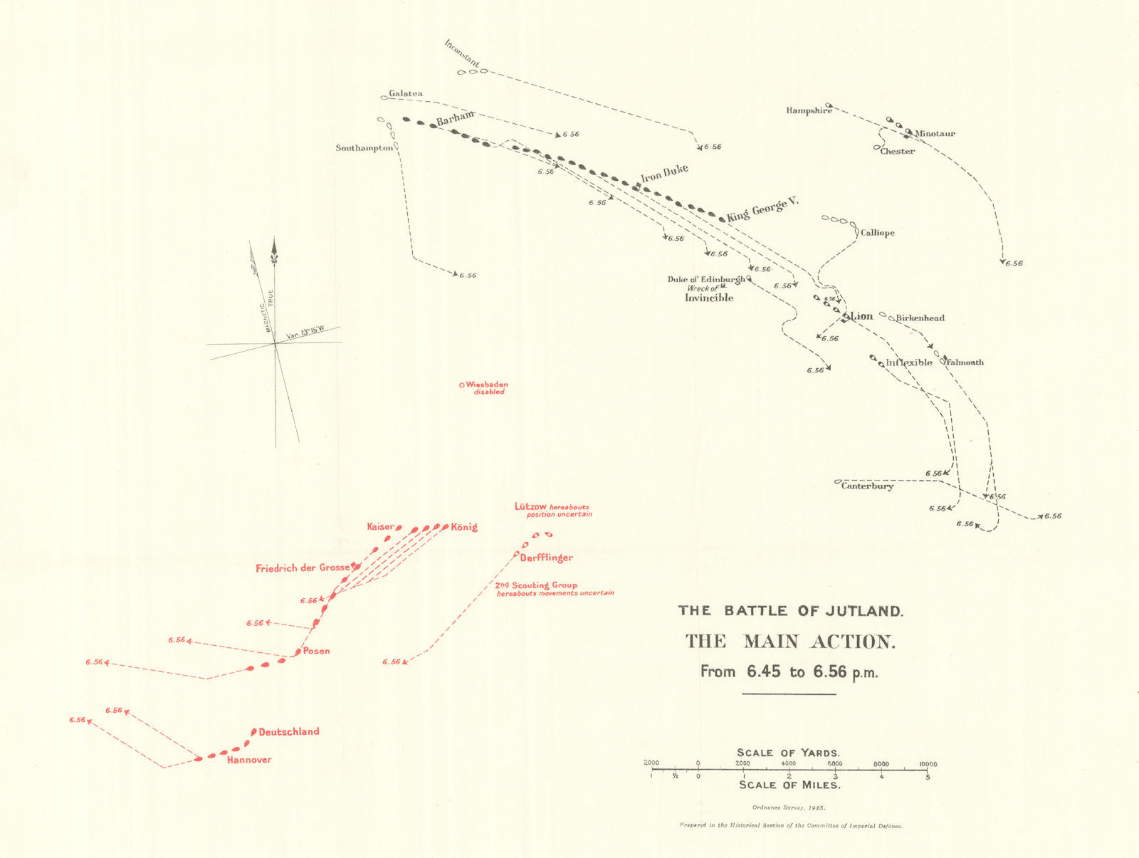 Battle of Jutland. Main Action. 6.45-6.56 pm 31 May 1916. WW1. 1923 old map
